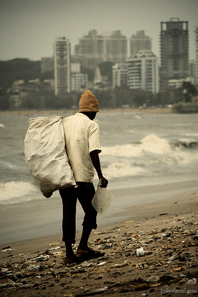 A waste picker from Chowpatty beach in Mumbai, India