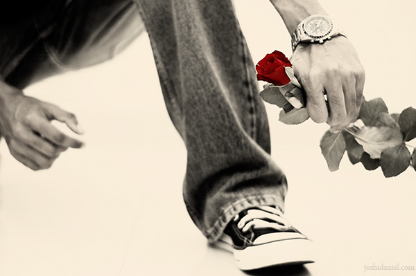 Self-portrait of joshi daniel holding a red rose