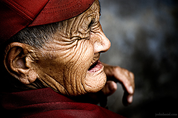 Portrait of an old lady with wrinkles from Dharamsala, India