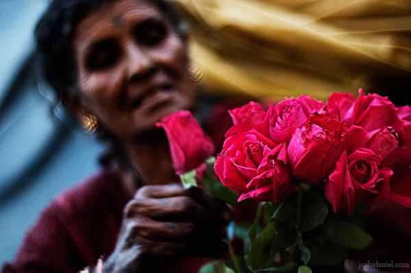 A rose seller with a bunch of red roses from Dadar flower market, Mumbai, India