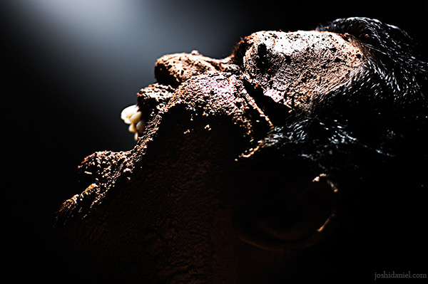 Portrait of Om Prakash Varma with mud on his face letting out a scream of monstrous rage