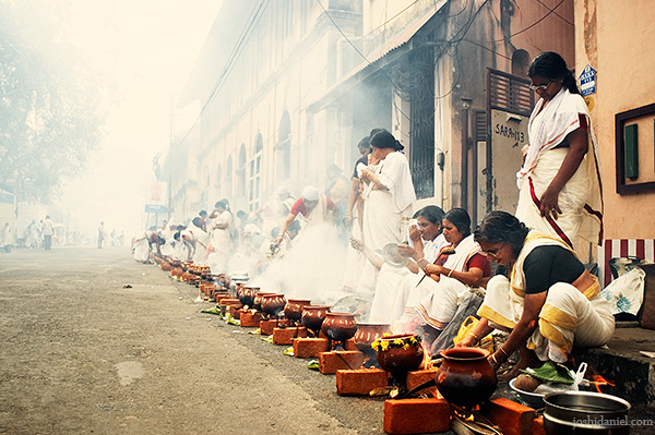 Attukal Pongala Women performing the Pongala ritual during the annual Attukal Pongala