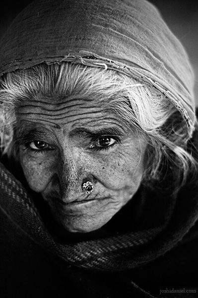 Black and white portrait of an old woman from Rajathan