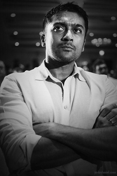 Black and white portrait of Tamil cinema actor Suriya