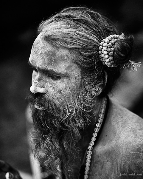 Black and white portrait of a sadhu at the Nashik Kumbh mela