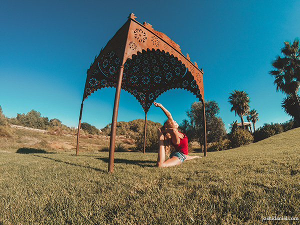 A GoPro photo of Swedish pilot Malin Rydqvist doing yoga in Mallorca, Spain