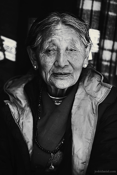 Black and white portrait of an old woman from McLeod Ganj, Dharmsala, Himachal Pradesh