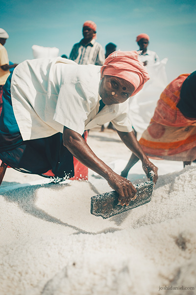 Portrait of a smiling salt pan worker at Marakkanam, Villupuram, Tamil Nadu, India