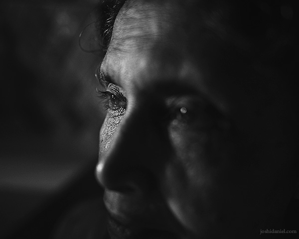 Black and white portrait of my mother taken using a 28mm wide angle lens