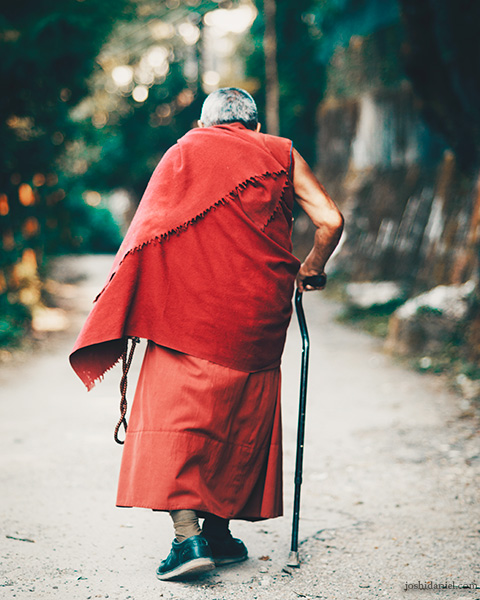 An old Buddhist monk walking in McLeod Ganj, Himachal Pradesh, India
