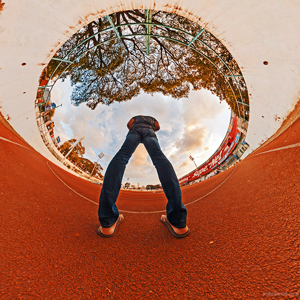 An inverted little planet (tiny planet) self-portrait of joshi daniel taken with a GoPro Fusion 360 degree camera in Chandrashekaran Nair Stadium, Trivandrum, Kerala, India