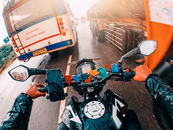 GoPro self-portrait of joshi daniel riding KTM Duke in the rain in Naidupet, Andhra Pradesh, India